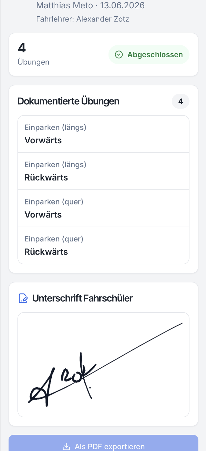 Dokumentierte Übungen mit Unterschrift des Fahrschülers und PDF Export