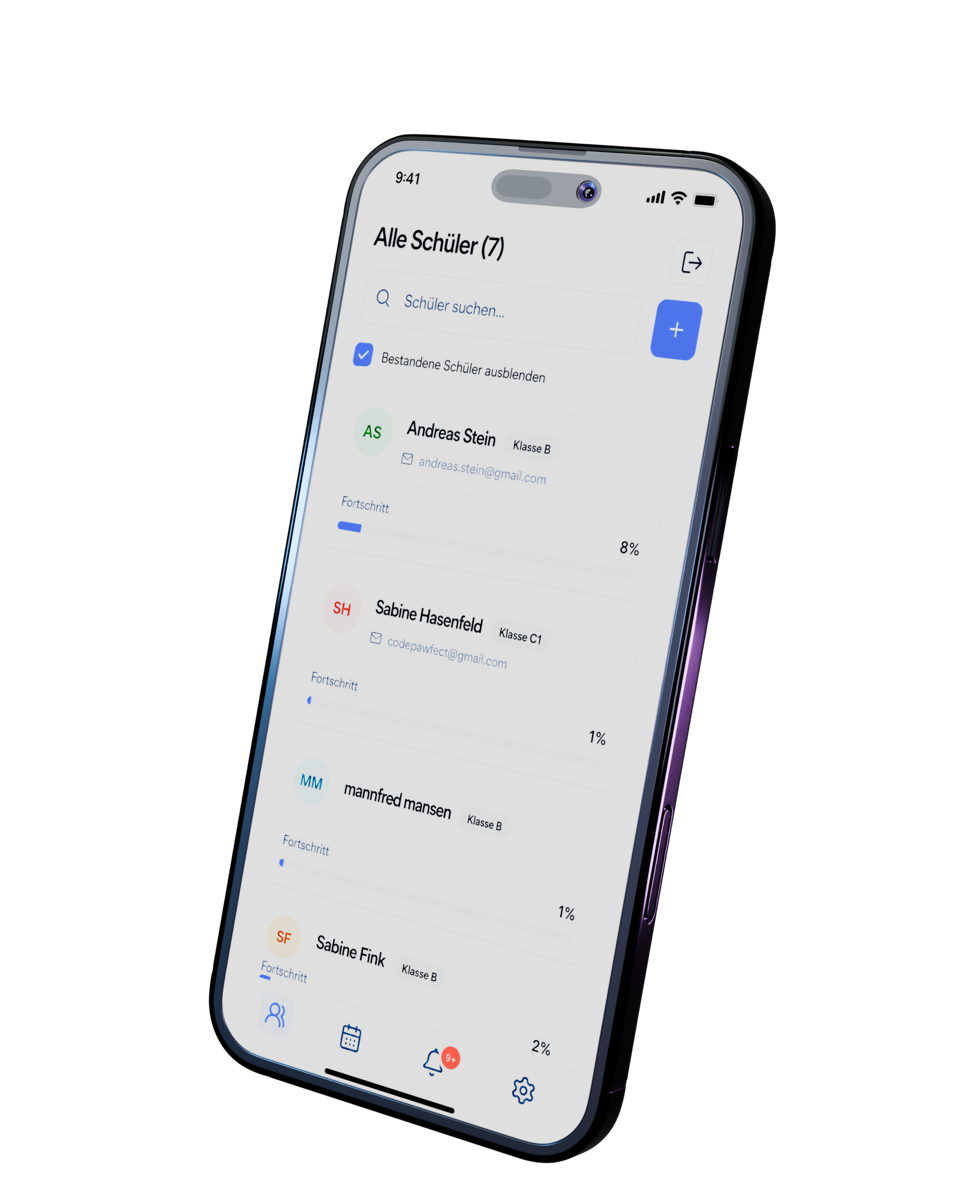 easyADK Schülerliste mit Ausbildungsfortschritt auf einem Smartphone