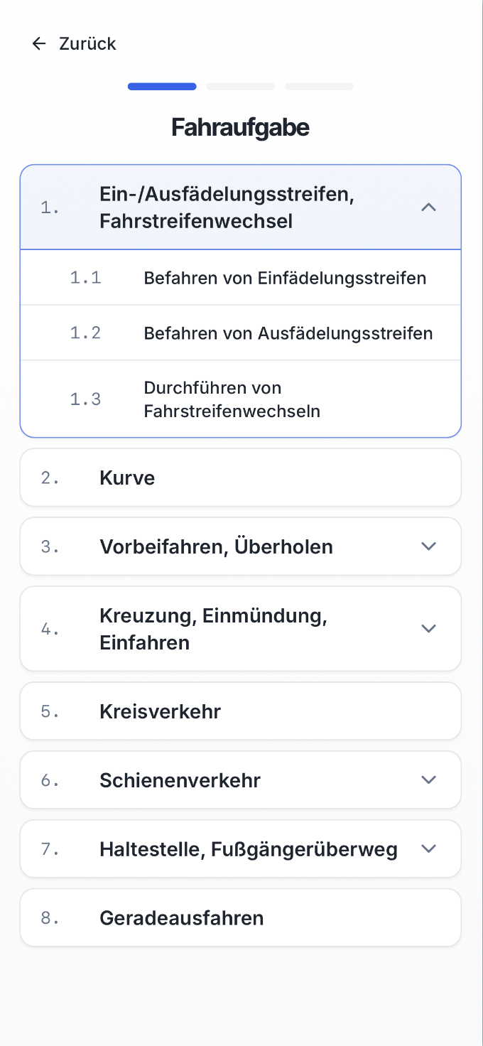 Auswahl der Fahraufgabe in der Prüfungssimulation