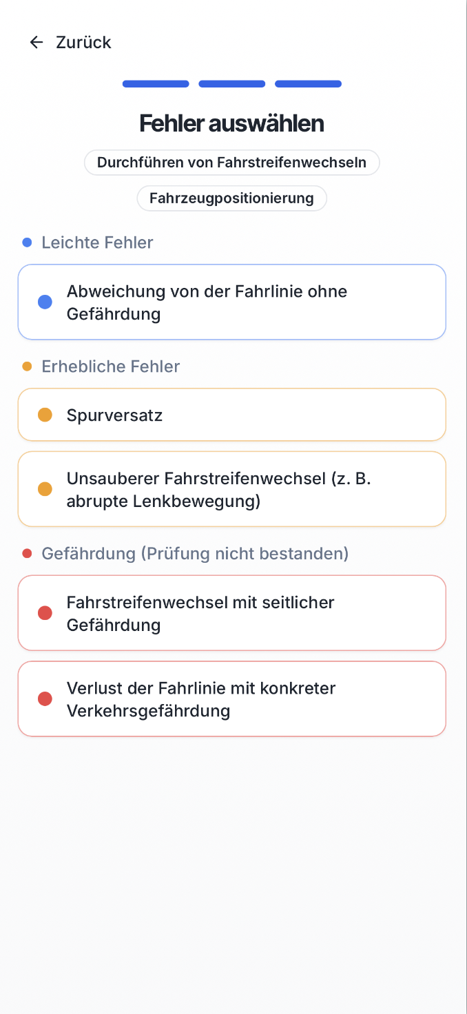 Fehlerauswahl mit leichten Fehlern, erheblichen Fehlern und Gefährdung